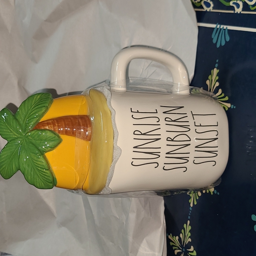Rae Dunn, "Sunrise,Sunburn,Sunset" Ceramic Mug with Topper.